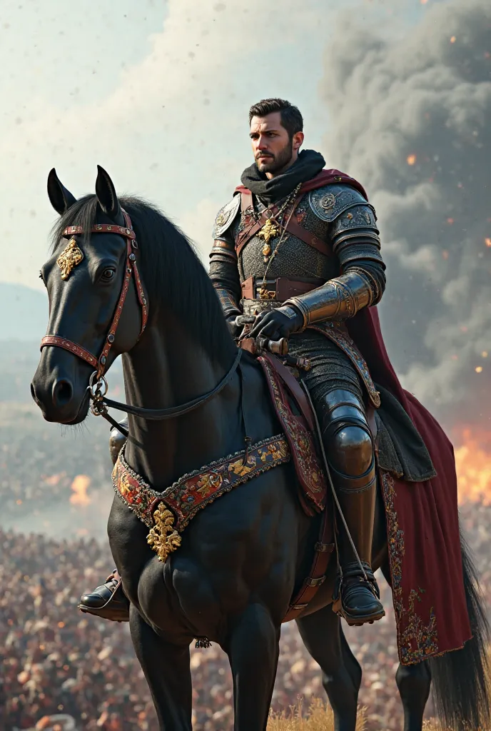 Henry from kingdom come deliverance 2 on his black horse with an embroidered saddle, harness, and bridle overlooking a battle