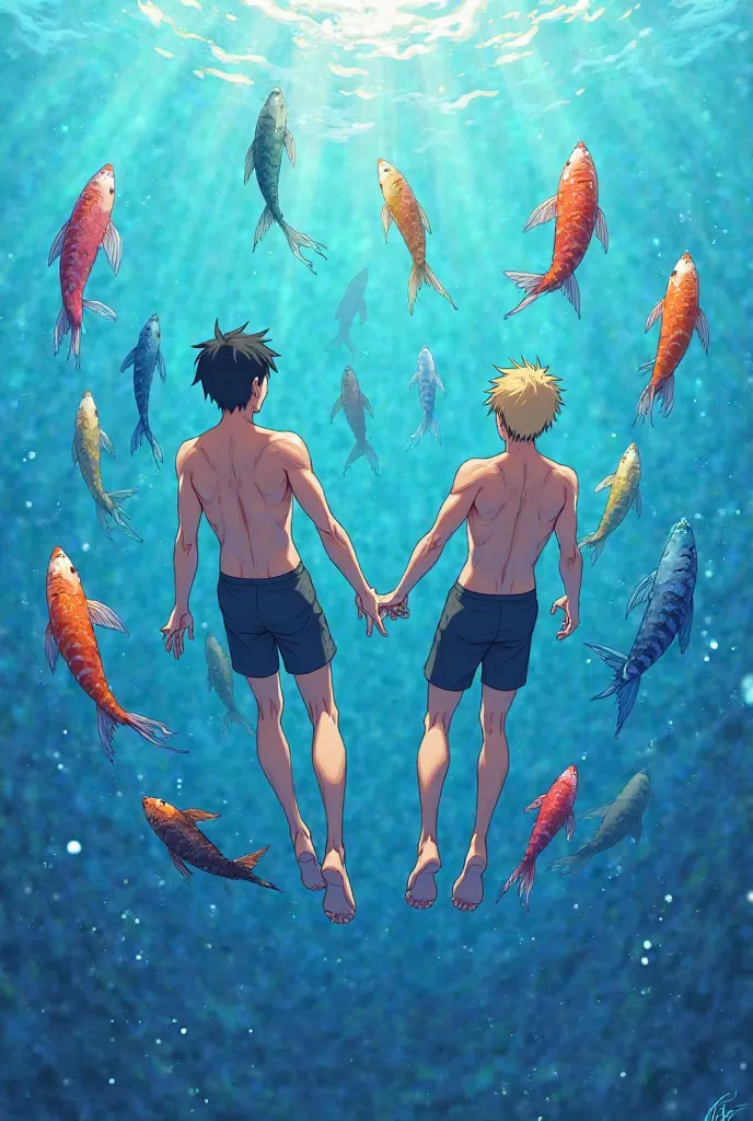 Generate an anime-manga style image of two Asian men, one with short black hair and the other with short blond hair, swimming in the ocean with eleven fish around them