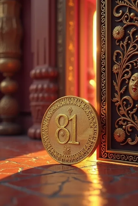 high quality ultra HD images of design carved gold coin with the text of "81 GROUP "placed near half opend decorated door ,some pink light (kumkum colour)coming from out side through the open potion of the door ,a "chilanka"  place near the coin(dancing gi...