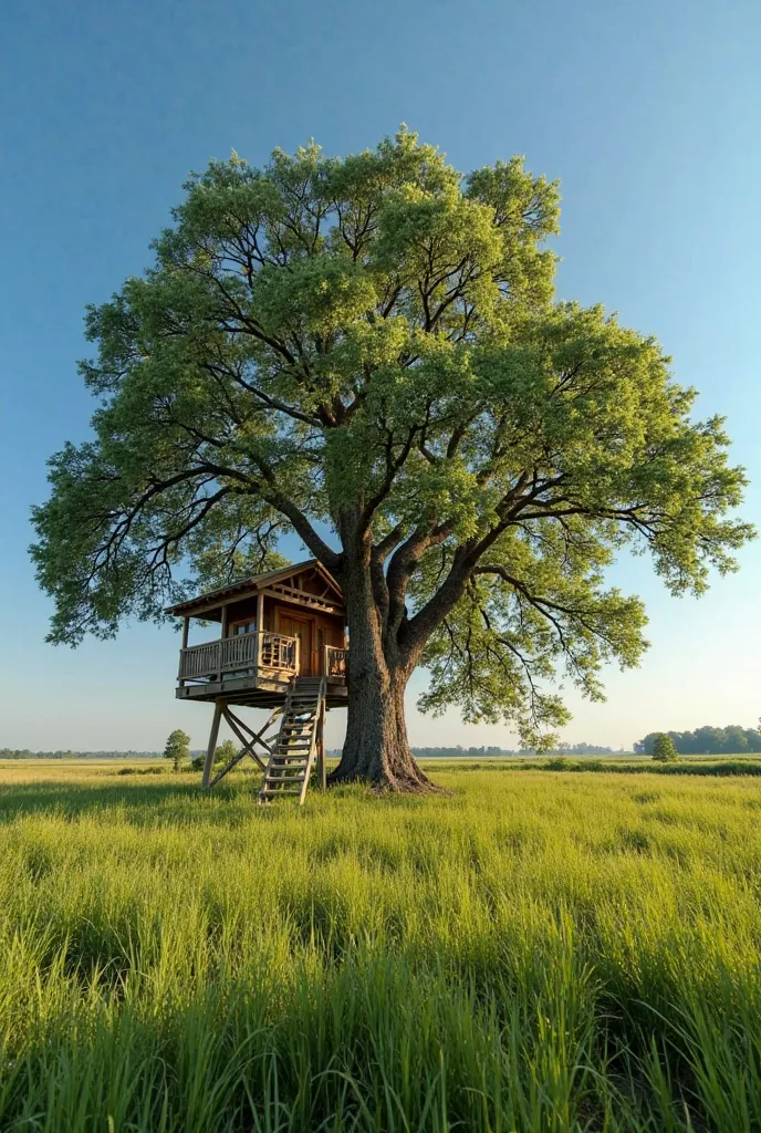 In a vast green meadow, with a cozy wooden tree house built between strong branches, An age-old huge oak tree. The bright blue sky above, reinforces the peaceful and harmonious mood.  Landscape , warm, brightening the textures of the bark and the softness ...