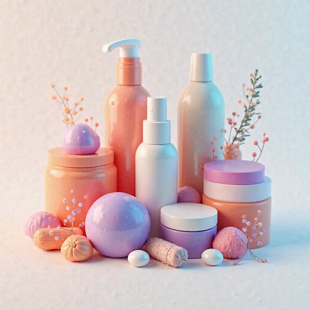 Create an icon for me for the “cosmetics and spa treatments” category using 3D visualization with a resolution of 200x200, items must be of different colors,  without background , HDR 1080