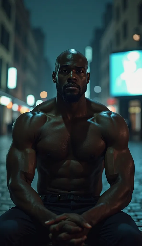 a strong and bald black man without a shirt sitting on a bench in a square looking at the screen with a sad look one night