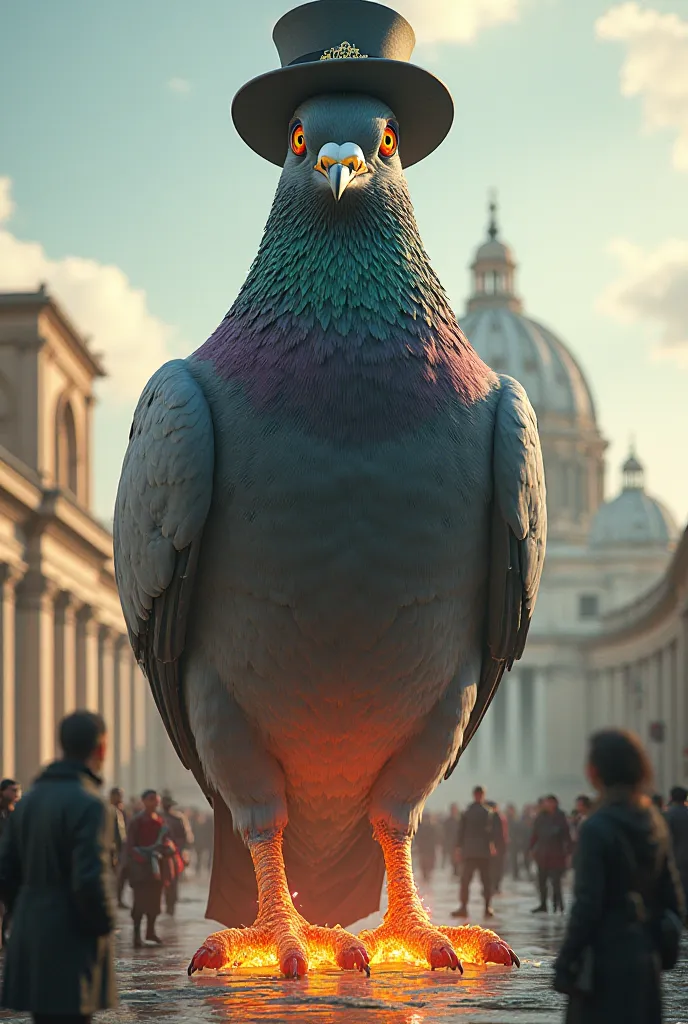 Image of a giant pigeon in Rome with its feet that are burning and wearing an elegant hat while people are terrified