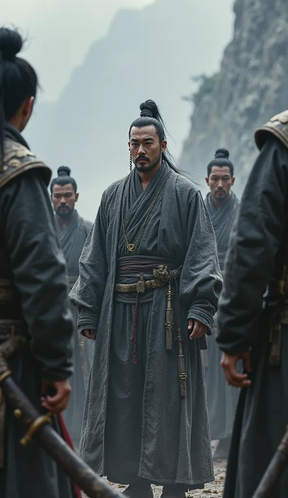 Ancient China in the Three Kingdoms, Conspirator Zhang Chiao, arguing with martial artists, expressing concern for the fate of Eastern Norway. dominant gray