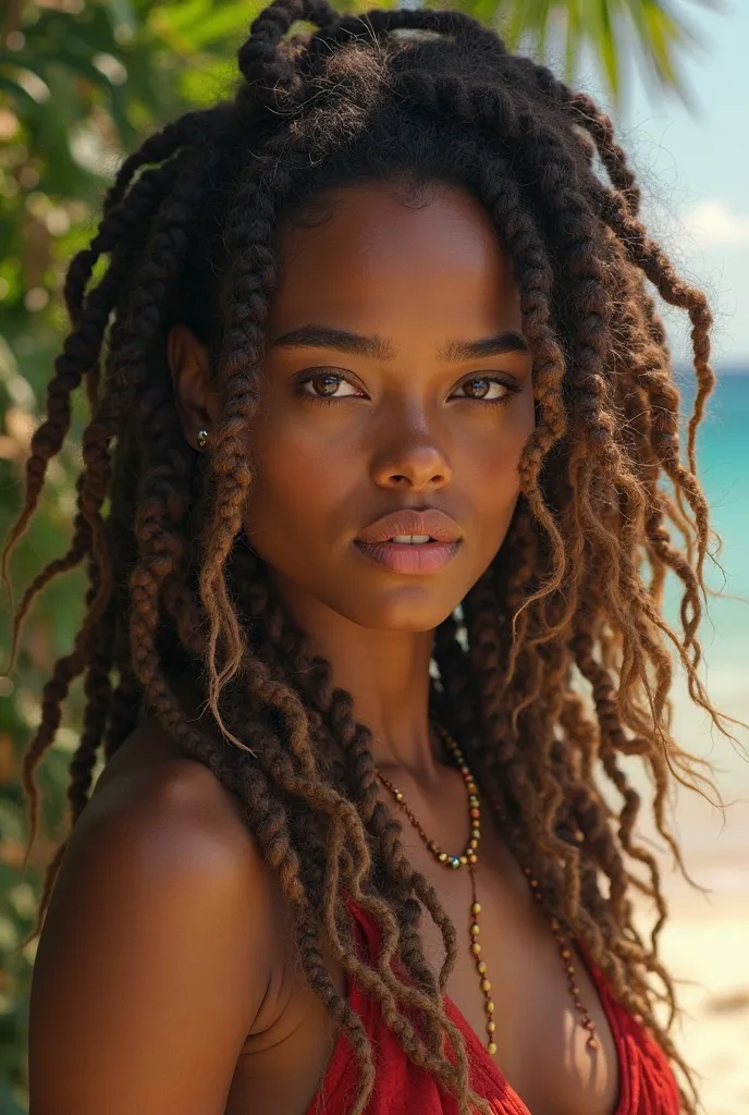 Beautiful fair-eyed brunette island woman with Rasta hair