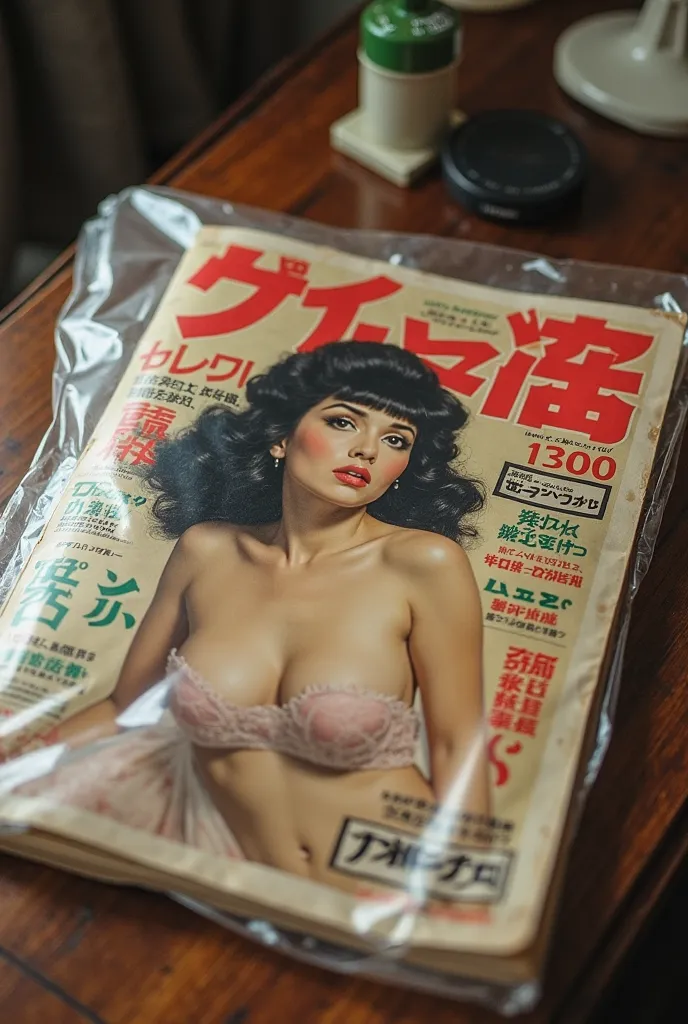 An old magazine of a sexy Japanese woman is wrapped in a plastic bag and placed on a desk、Vinyl has deteriorated and is translucent、It's written in the magazine that it's a housing complex wife