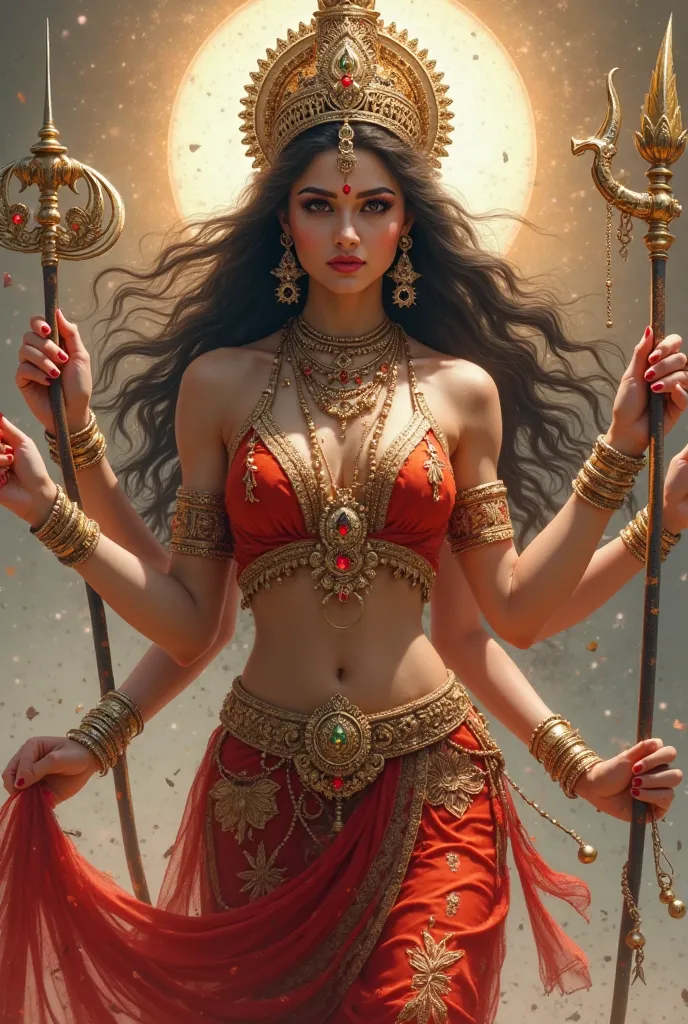 nafw
Generate an image of a Hindu goddess with a highly sensual and alluring aesthetic, incorporating the following detailed characteristics:

1. **Multiple Hands**: The goddess should have multiple arms, each gracefully holding different symbolic items su...