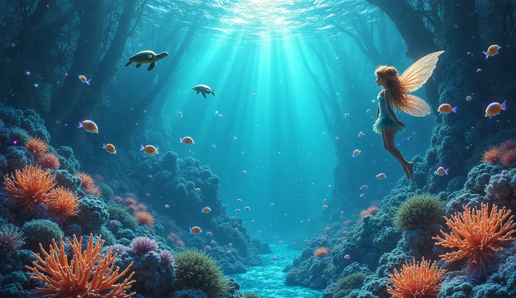 "Depict a magical fairy world landscape set in a luminous underwater realm, where coral reefs glow in vibrant shades of turquoise, orange, and violet. Fairies with translucent, fin-like wings swim gracefully alongside schools of bioluminescent fish and gen...