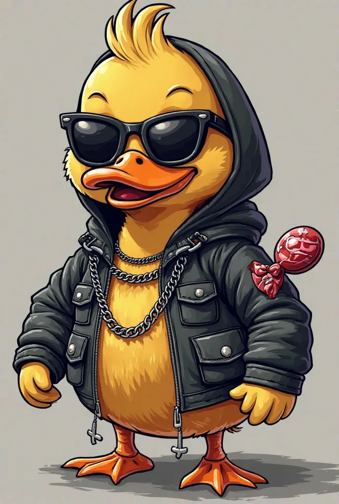 A bandit duck, but cute ,  with sunglasses,  a chain around the neck , with a leather jacket, with a hood and a candy on its wing, with a text "Full small from the cradle - Team Pres" with black and white and color images
