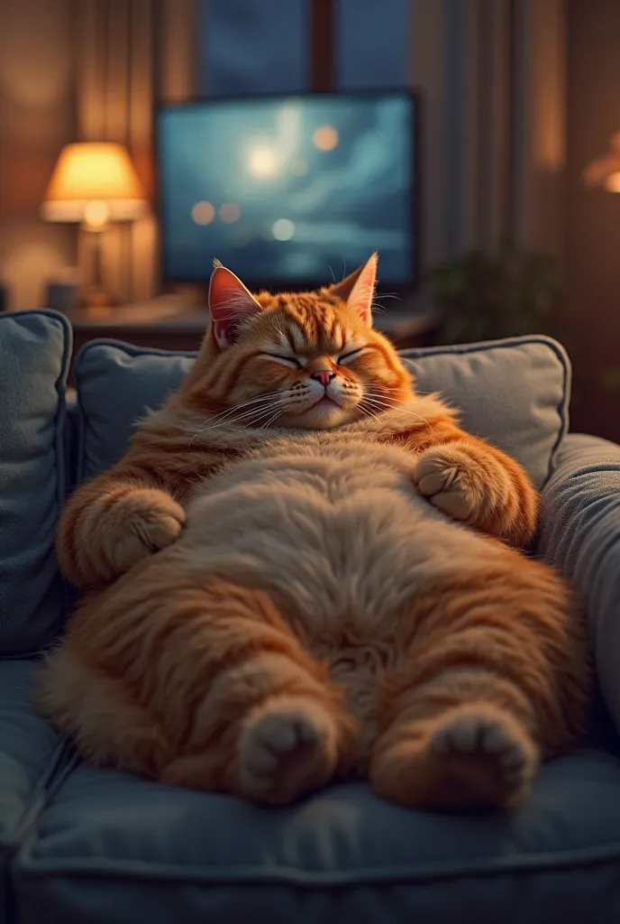 Make the fat orange cat realistic by falling asleep watching TV at night on the couch