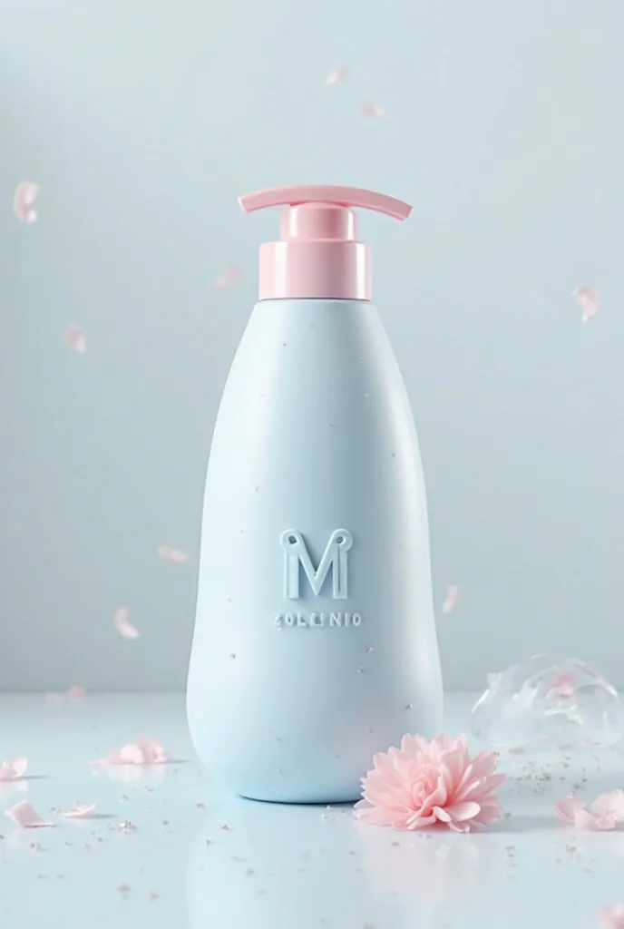 Please create for me a blue and pink pastel moisturizer bottle for my product brand with the M logo & M shaped like a little bear 