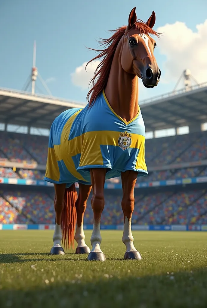 A brown horse wearing the Argentinian kit at the Boca Juniors stadium 