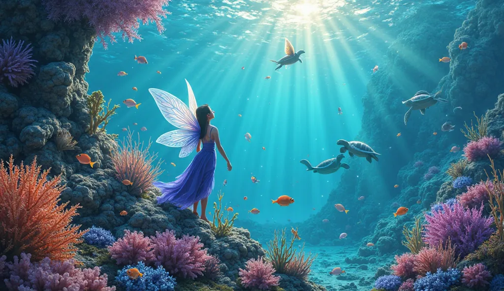 "Depict a magical fairy world landscape set in a luminous underwater realm, where coral reefs glow in vibrant shades of turquoise, orange, and violet. Fairies with translucent, fin-like wings swim gracefully alongside schools of bioluminescent fish and gen...