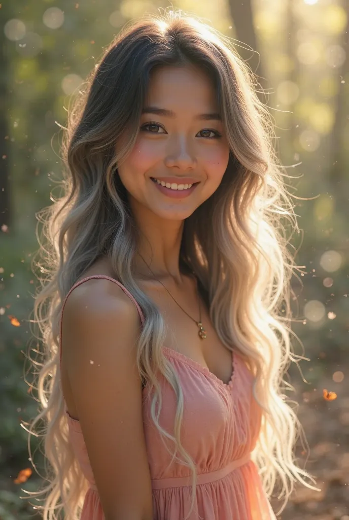 "A full-body portrait of a delicate young woman standing in a sunlit, ethereal forest. Her knee-length wavy hair cascades down her back, transitioning seamlessly from jet-black roots to shimmering silver tips. She has a petite, slender frame, dressed in a ...