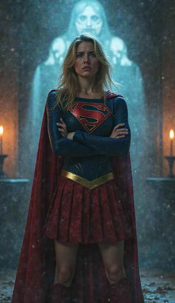 Supergirl is in the middle of a haunted house, with folded arms, looking strong, but worried. Her cape floats slightly, reacting to an invisible wind. A ghostly glow reflects on her costume, creating a mystical and spooky effect. The background is dark, wi...