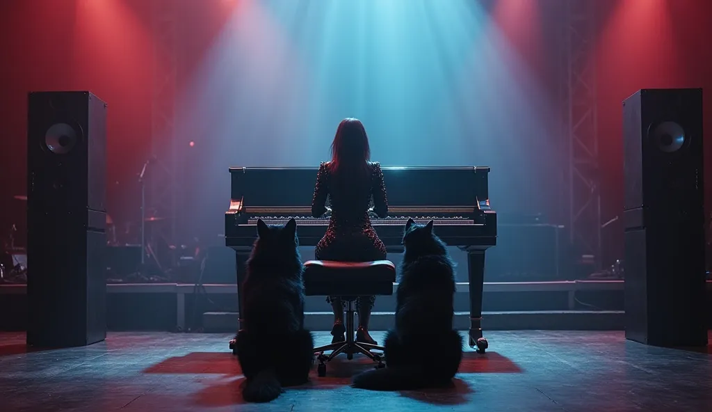 a woman in a latex black suit with studs plays the piano on the big stage, on the sides there are large speakers on the stands, two black wolves are sitting next to each other, spotlights in different colors