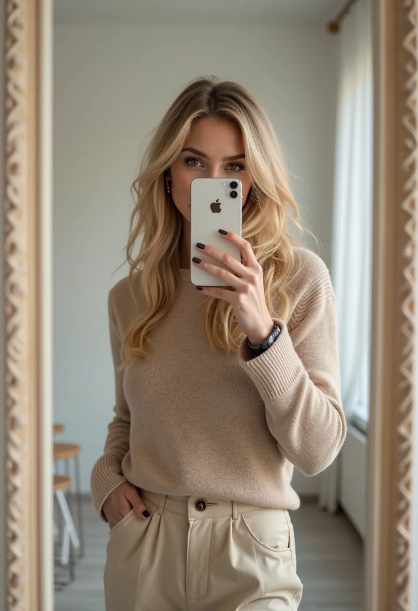 Woman with long hair with realistic blonde locks , Mère entrepreneure et business woman de 32 ans , tenant un iPhone 14 pro max , Take a control photo of your outfit in front of a mirror , sitting in an aesthetically minimalistic room , Fashionable outfit ...