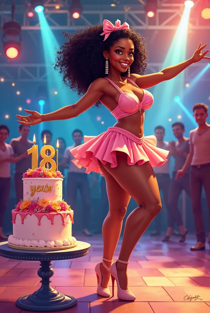 Caricature ballerina with fair skin, Curvy Caribbean dancer who performs on a dance floor in high heels with all the spotlight on her and a beautiful big cake with 18 years written, in stile cartoon 