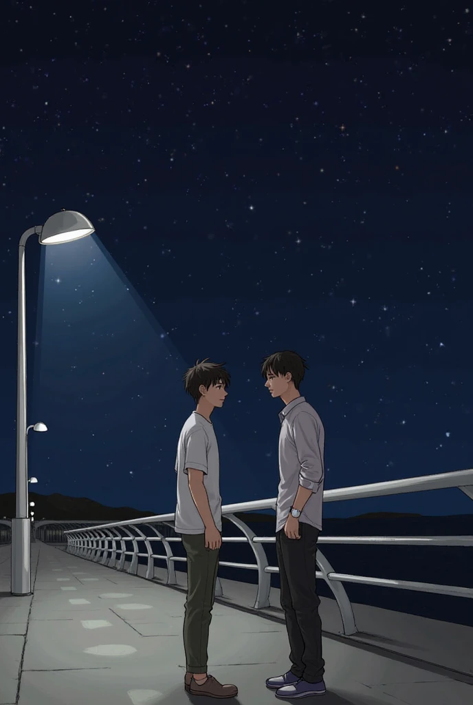 
The image shows two young men standing on a promenade at night, illuminated by a streetlight. they look at each other.  The environment is serene , with a railing at the water's edge and a dark starry sky in the background.