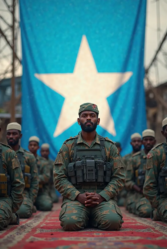 Somali military special forces praying  salah with bright blue with white star in the center flag 