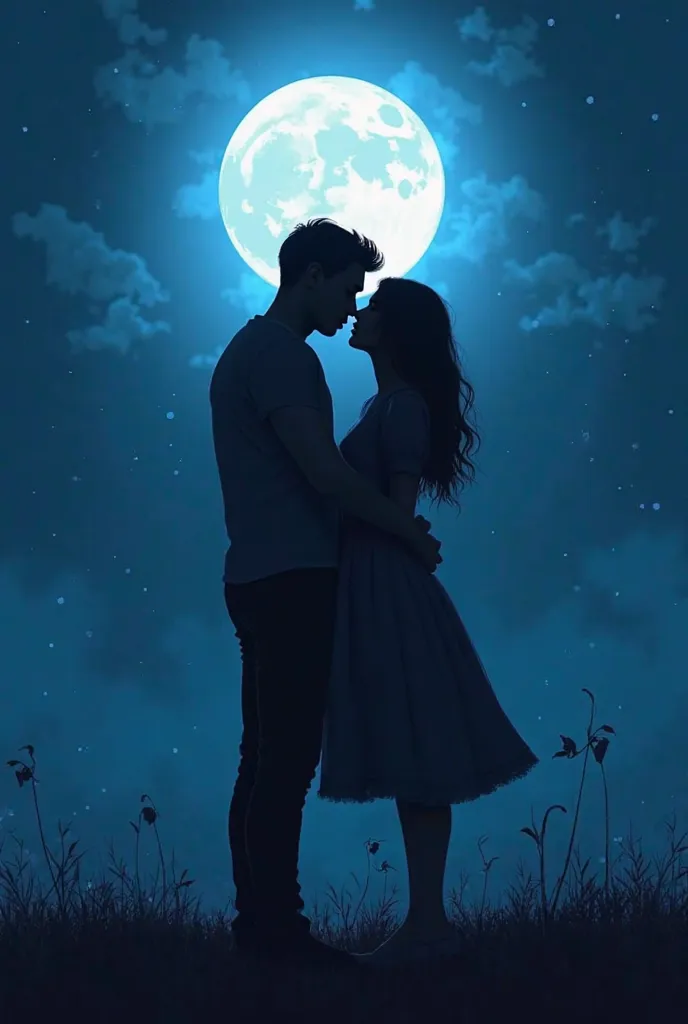 Come up with a cover for the, everything should be in dark blue tones, add moon . And add two silhouettes of a guy and a girl faces you can't see. The guy should be taller and he hugs the girl and cuddles the girl. fan fiction A girl must be thin. You can ...