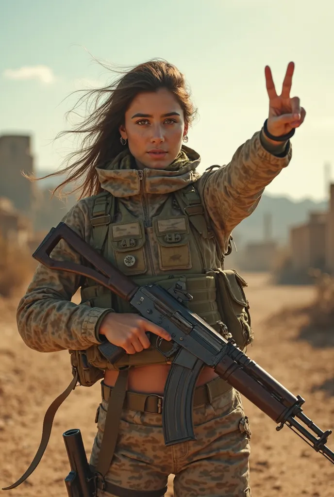 terrorist kurdish woman armed with Ak-47 on a sunny day making freedom sign