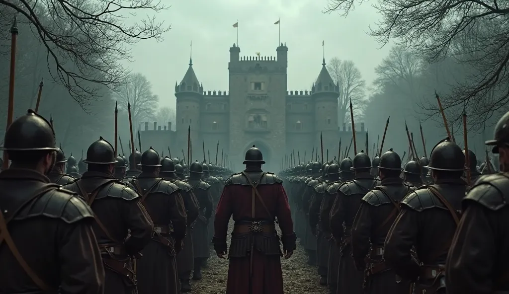 Back view of a military brigade of Hungarian soldiers from the year 1600 are standing in front of a Hungarian castle, around the castle there is a dark and dark forest,  Cinematographic scene set in the year one thousand six hundred, hyperrealistic style 