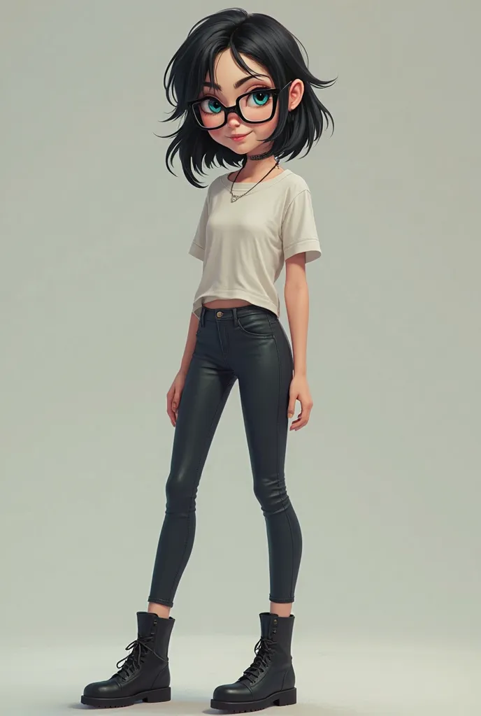 black haired girl, sidecut,  blue eyes, She wears glasses, The glasses are square, The glasses are big,   she is white  , whole body,   she smiles  ,The right side is shaved, The hairstyle is punk, Hair is a bopp,   real person, She is slim,  She is wearin...