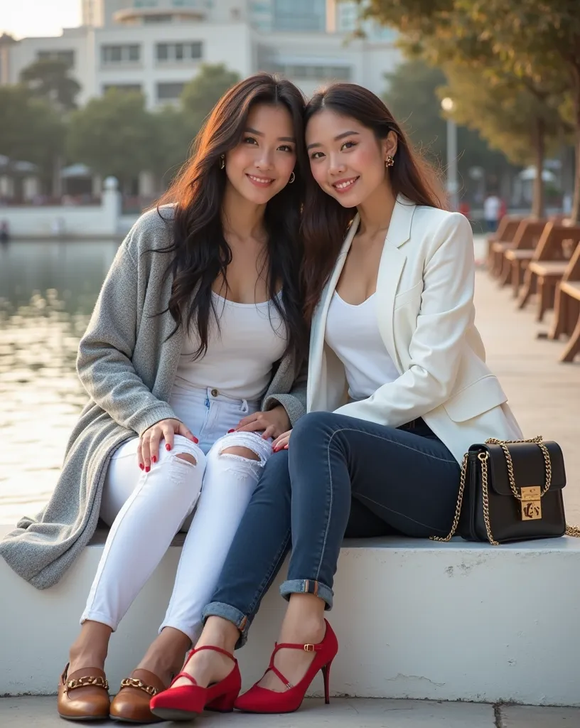 Hyper-realistic Fashion lifestyle photography of two stylish young women. The 24-year-old women on the left-side with a heart-shaped face, long black hair, it has a smooth and slightly wavy texture, delicate bright skin with smooth texture, huge round shap...