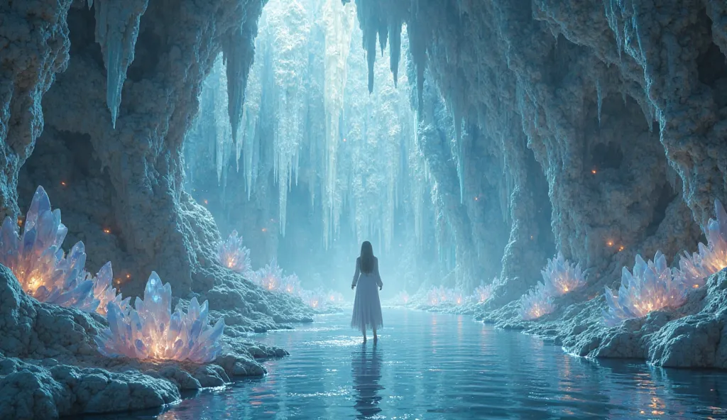 Scene of a crystal cave illuminated by soft light, magical and peaceful atmosphere.