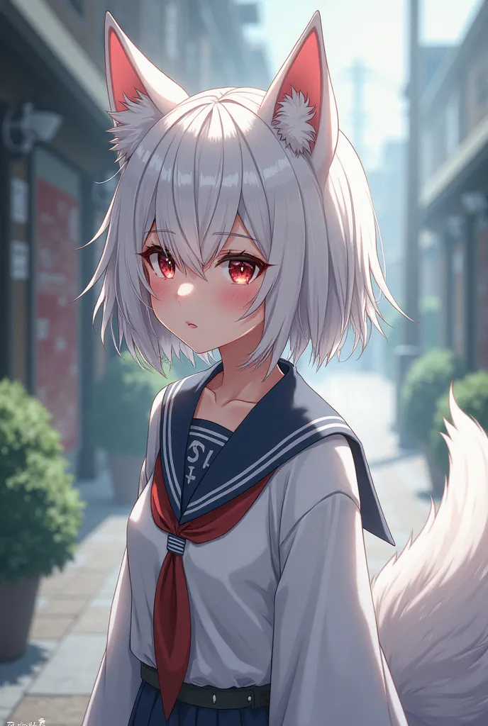 create an image of an anime woman with short white hair, fox and a tail in school uniform