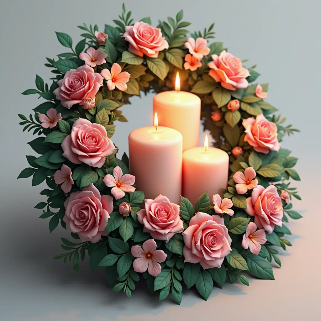 Create an icon for me for the “funeral services” category using 3D visualization with a resolution of 200x200, items must be of different colors, dark colors and some light colors,  without background ,  preferably , to contain wreaths,  flowers, candles, ...