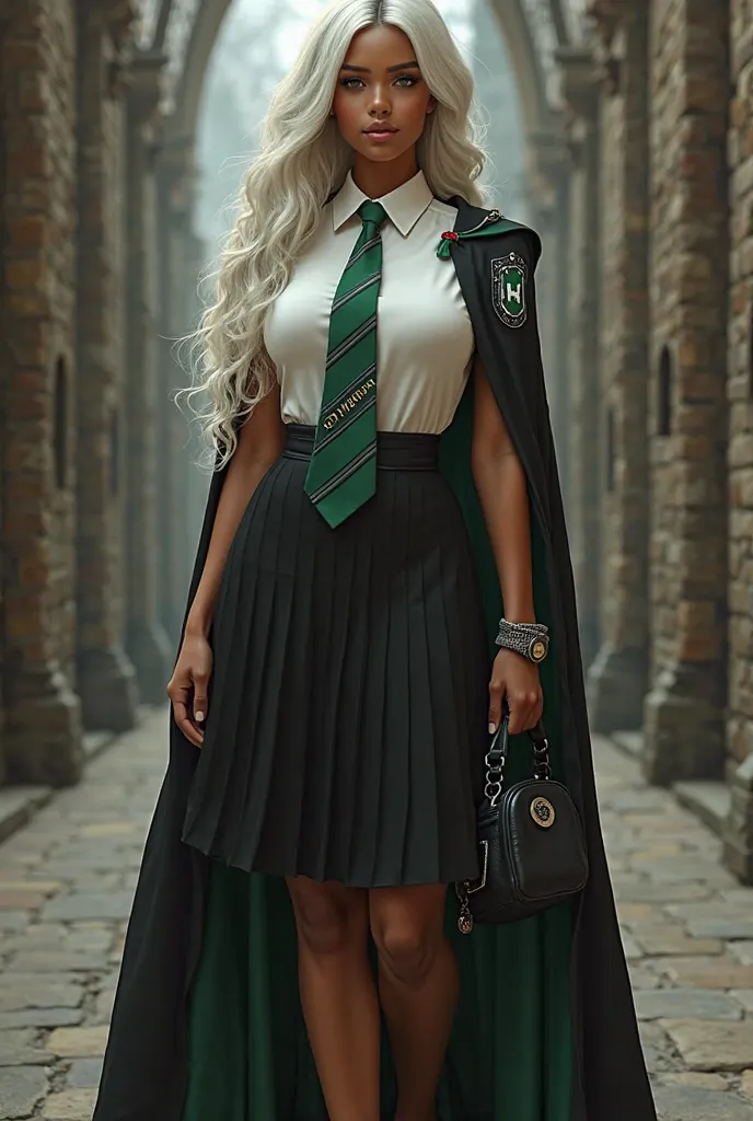 age girl with tender features of a slender brown complexion with big breasts, ass and hips big round breasts, with curly hair 3a , platinum white and long ,  his eyes are blue , who is dressed in: a school uniform inspired by Slytherin, with a white short-...