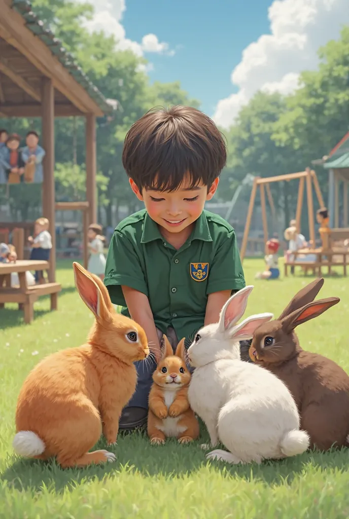 @s  wearing a green uniform with lead , playing with rabbits of different colors on a school playground 