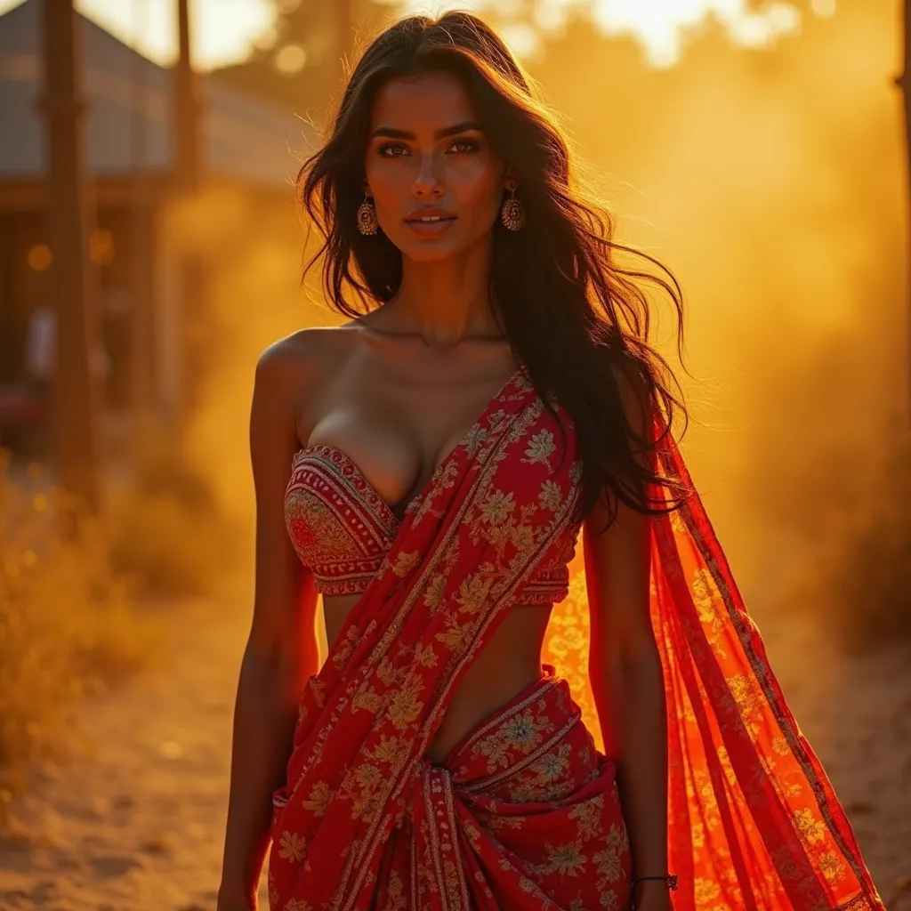 a beautiful indian woman wearing a vibrant saree,revealing her voluptuous breasts and deep navel,standing under the scorching heat,looking incredibly sexy and alluring,intricate saree patterns,glowing skin,luscious hair,smoldering gaze,confident posture,4k...