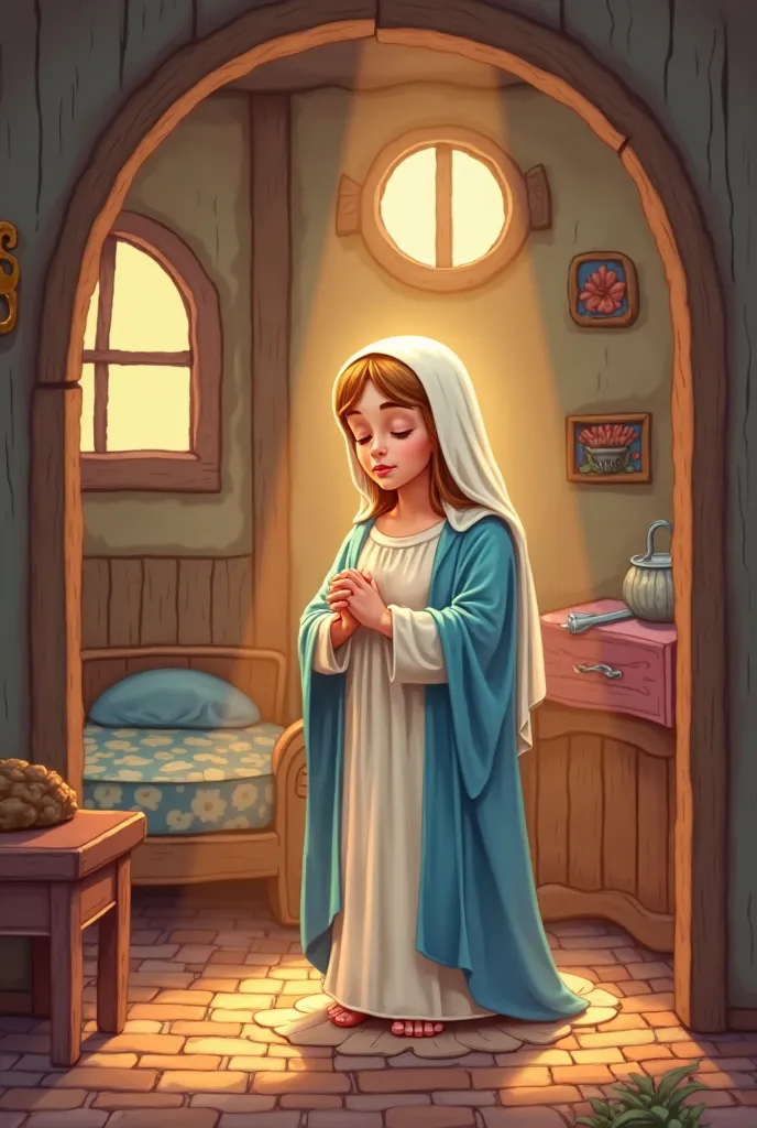 Mary the mother of Jesus very closely praying with devotion with her eyes closed, inside a house in the form of a cartoon 