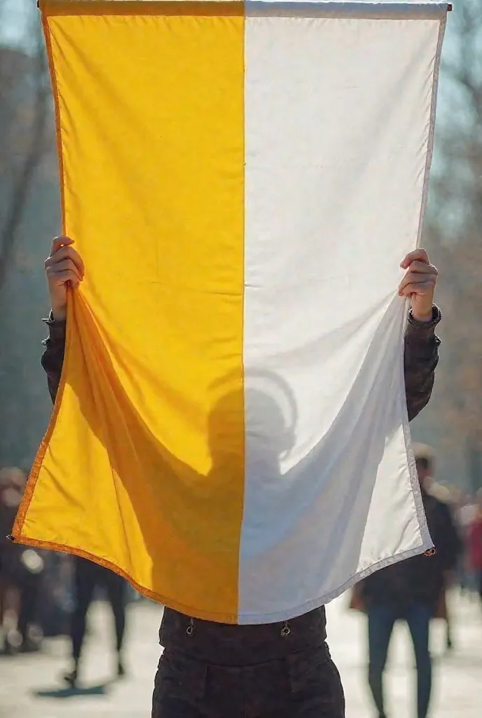 A banner divided into two parts, a yellow section and a white section carried by a person