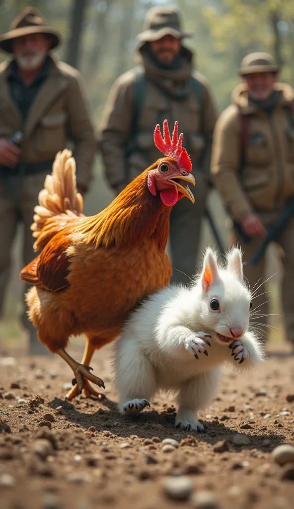 The rust-colored hen grasps the white squirrel’s scruff with her beak and starts dragging it across the dirt, her small legs moving quickly. The hunters look around, confused, unable to see their fallen prey.