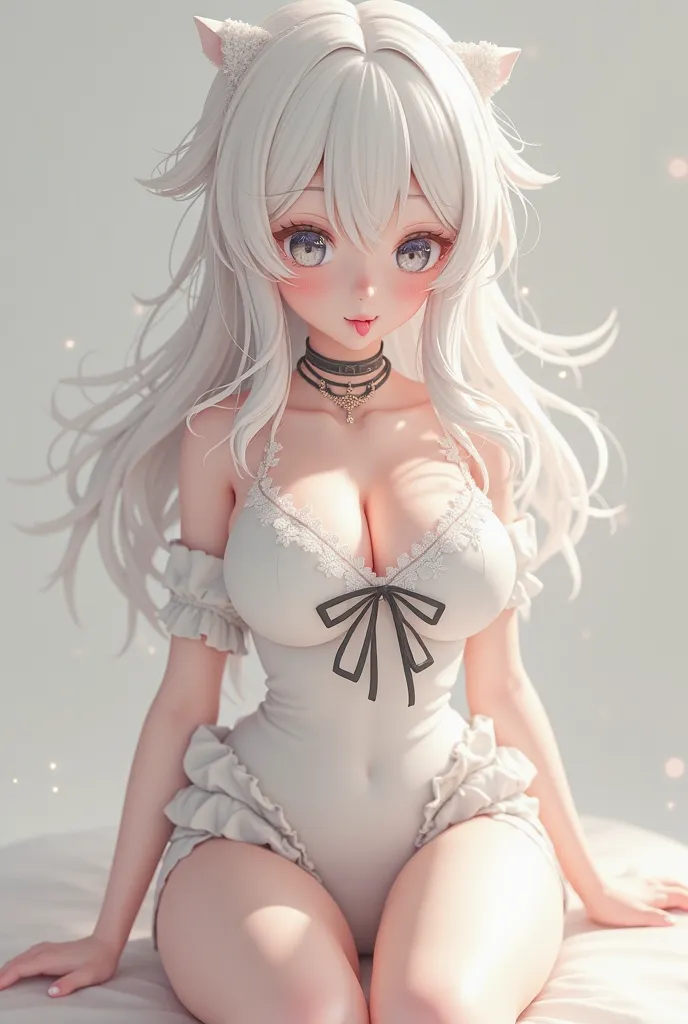 A submissive white anime girl with a collar and full body with cute Chiquinha hair with her tongue sticking out and full body white sexy clothes 