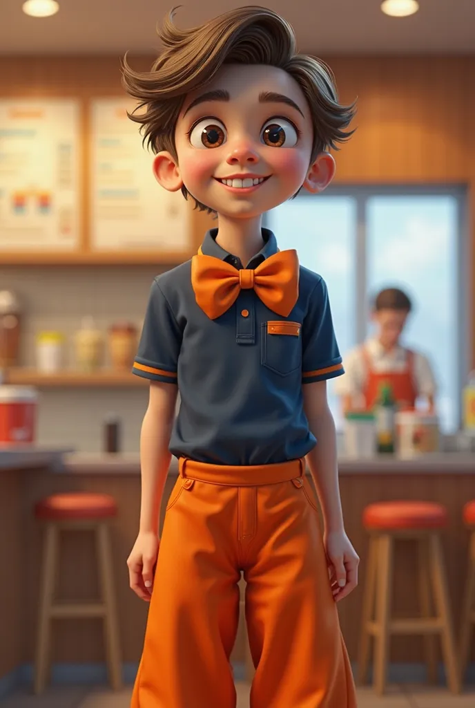 A staff member in the uniform (navy blue polo shirt, with large orange bow tie and wide orange trousers) for fast food restaurant. Should be looking goofy but attractive, not too muscular, a bit nerdy