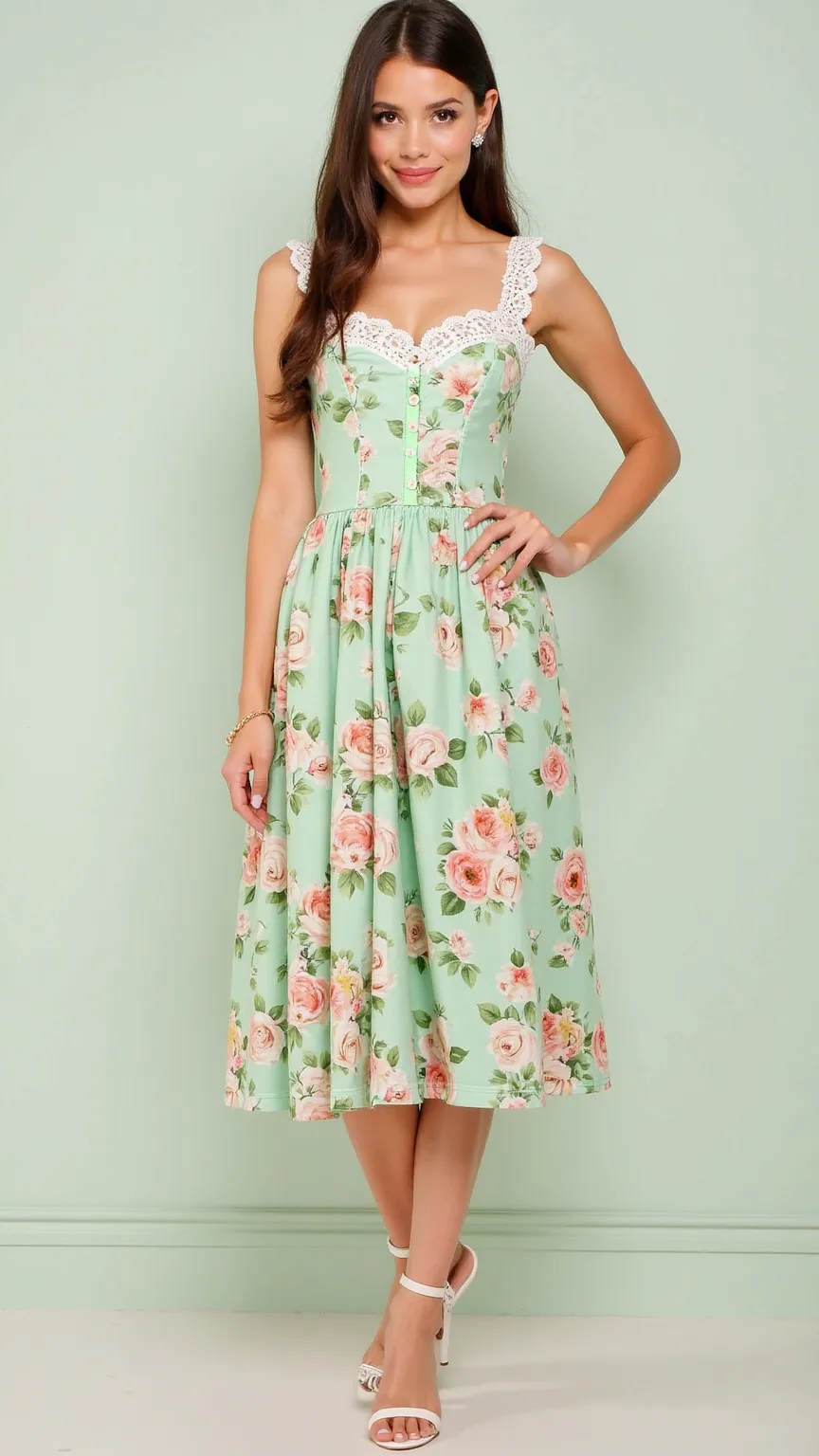 This dress features a romantic, vintage-inspired floral design on a soft pastel green base. The corset-style bodice with structured boning creates a flattering silhouette, enhancing the waistline while offering a touch of elegance. The delicate lace trim a...