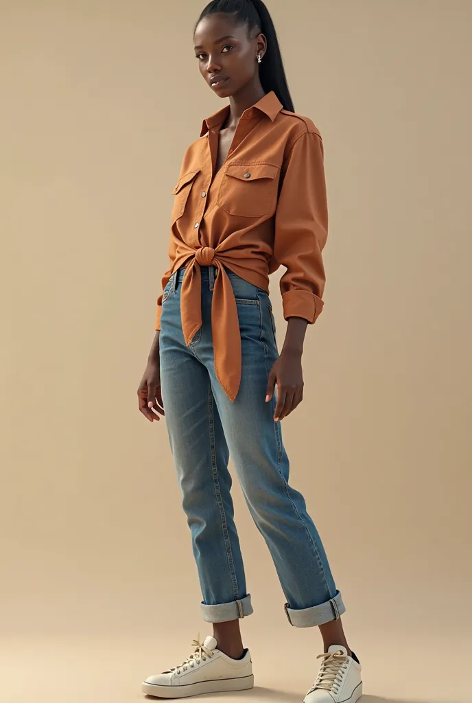 Create the image of a young Ghanaian model with A sleek mature neat hair and her outfit is a a shirt  tied around her waist and a jean trouser rolled at the bottom with a tennis shoe 