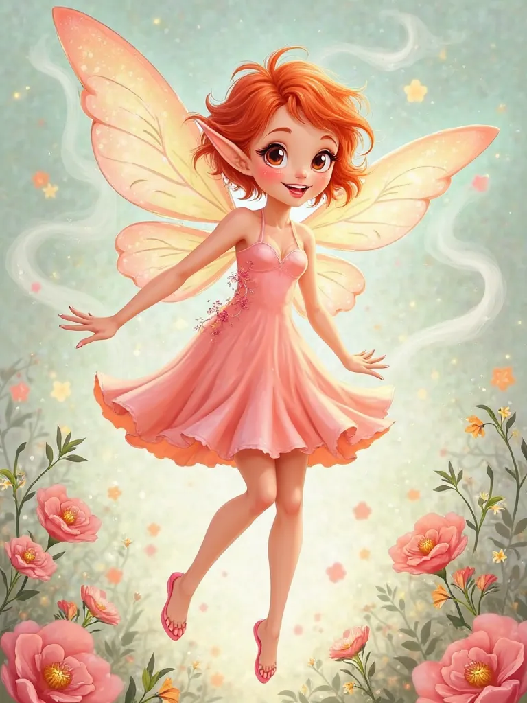 Adult fairy with short red hair and pink dress and pink wings cartoon style 