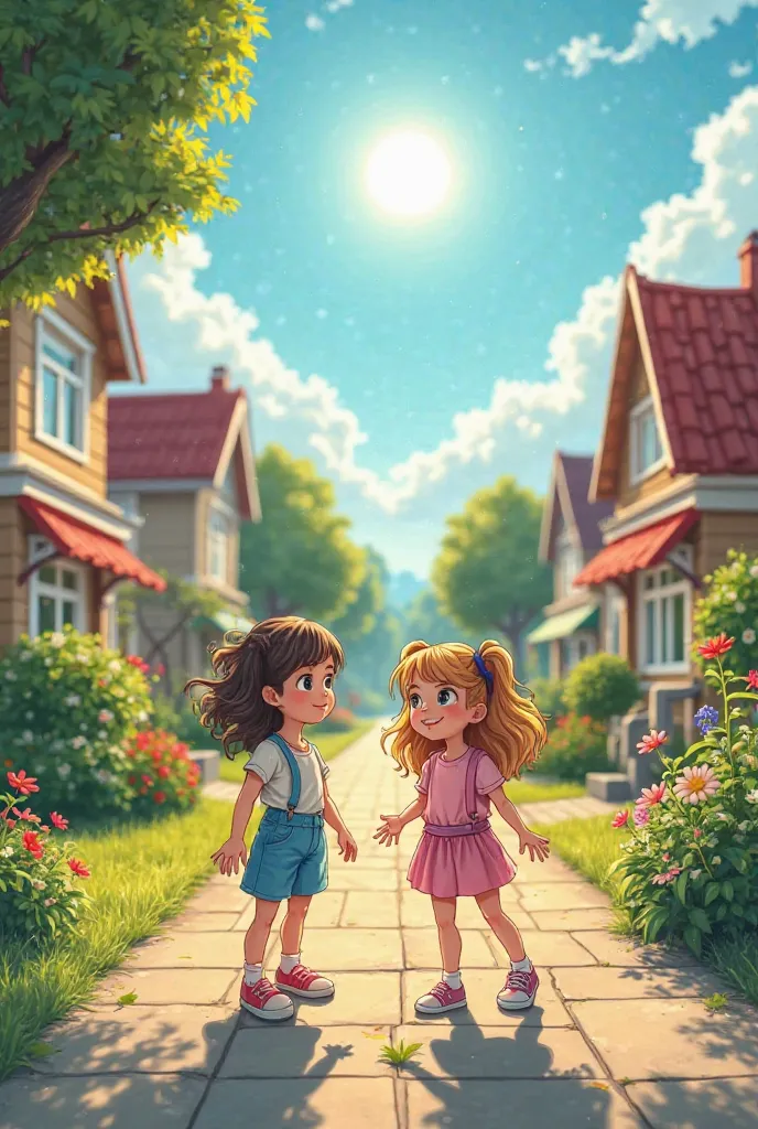 A peaceful small town on a sunny Saturday afternoon. The streets are calm, houses are lined up with well-kept gardens, and the sun shines brightly in the clear sky. Two girls, around 10-, are standing outside their home, looking playful and mischievous."
