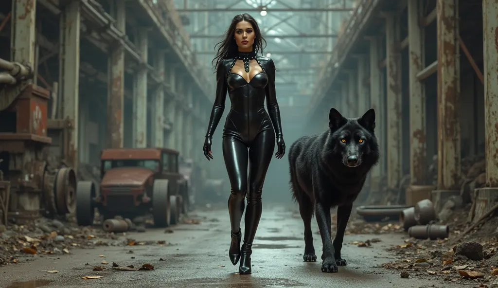 a woman in a latex black suit with studs neckline with huge breasts high-heeled boots walks through an abandoned foundry There is a black wolf behind