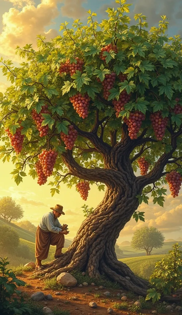 A majestic grapevine with strong, thriving branches full of fruit, representing Jesus as the true vine. A farmer carefully prunes some branches while others grow abundantly. The background is illuminated by warm sunlight, symbolizing divine love and connec...