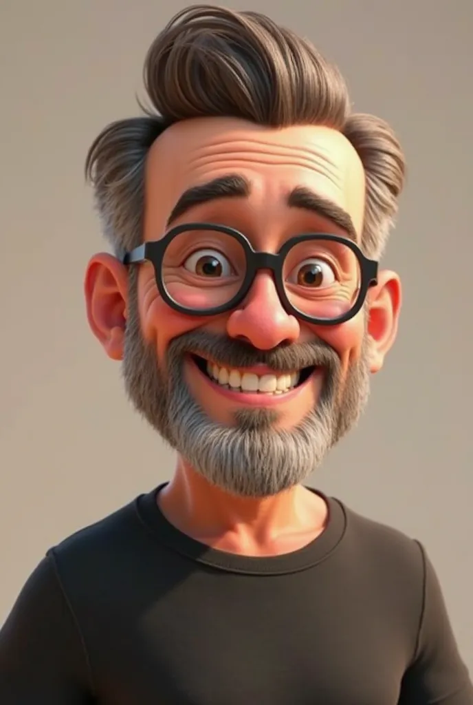 Cartoon brown man , Pixar, Disney, wearing aviator-style dark glasses , with a low gray beard, Brown hair with some gray hair with a low cut close , wearing a black t-shirt, sitting 