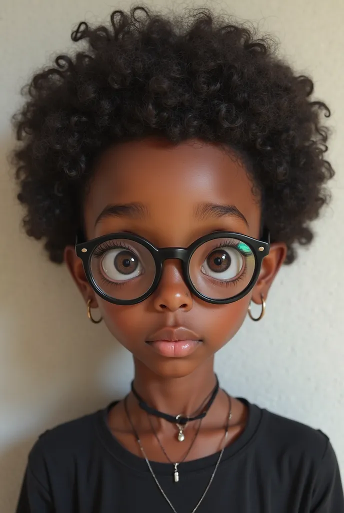 Give me an image of a white-skinned girl with short afro hair who has nice and big eyes, and a small outline and that I used glasses with a thick black border. who wears a black shirt and a thin black necklace from which a small straw hangs. That she has a...