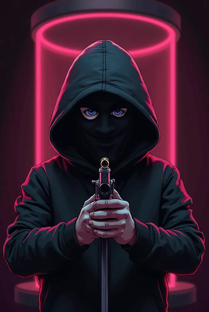 Cartoon of a boy who covers his face and hood and holds a gun in his hands, and in the background a poledance bar and a stripper dancing in the tube , black background with soft pink light focused on the stripper