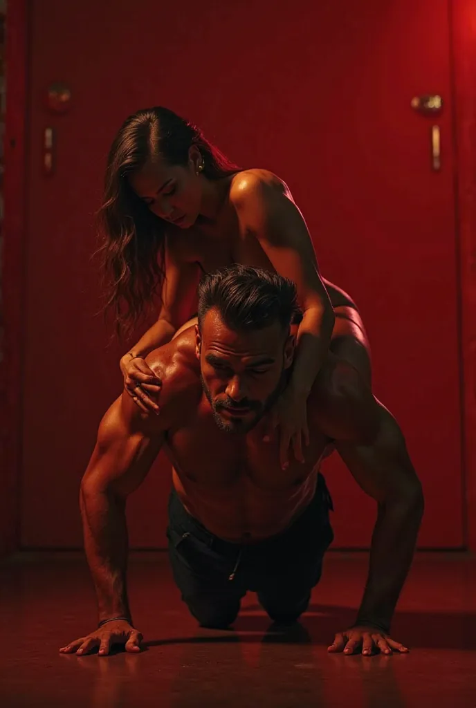 A man with a quiff and fade haircut doing pushups while a woman is sitting on his back with her hand on his neck, in a red lit room
